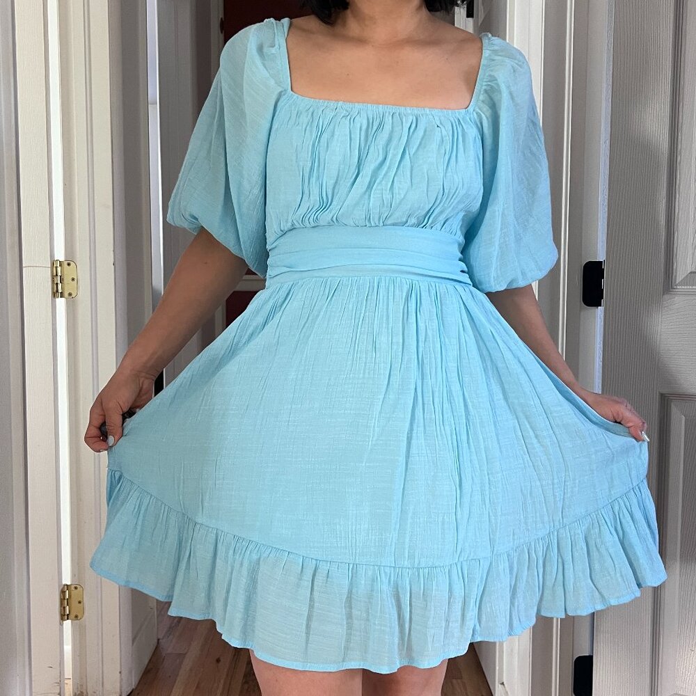 puff sleeve open back mini dress light blue princess costume summer vacation Med - Picture 8 of 15